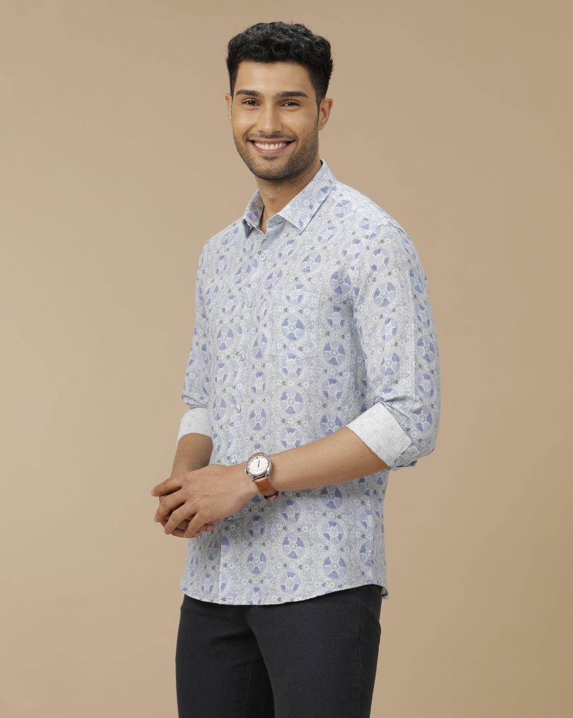 Men's Linen Rich Blue Printed Contemporary Fit Full Sleeve Casual Shirt