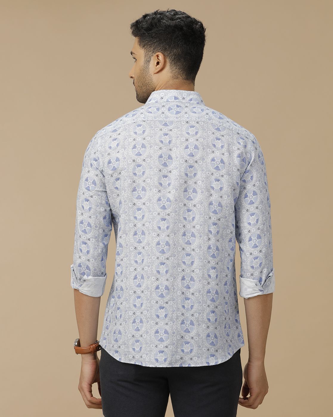 Men's Linen Rich Blue Printed Contemporary Fit Full Sleeve Casual Shirt