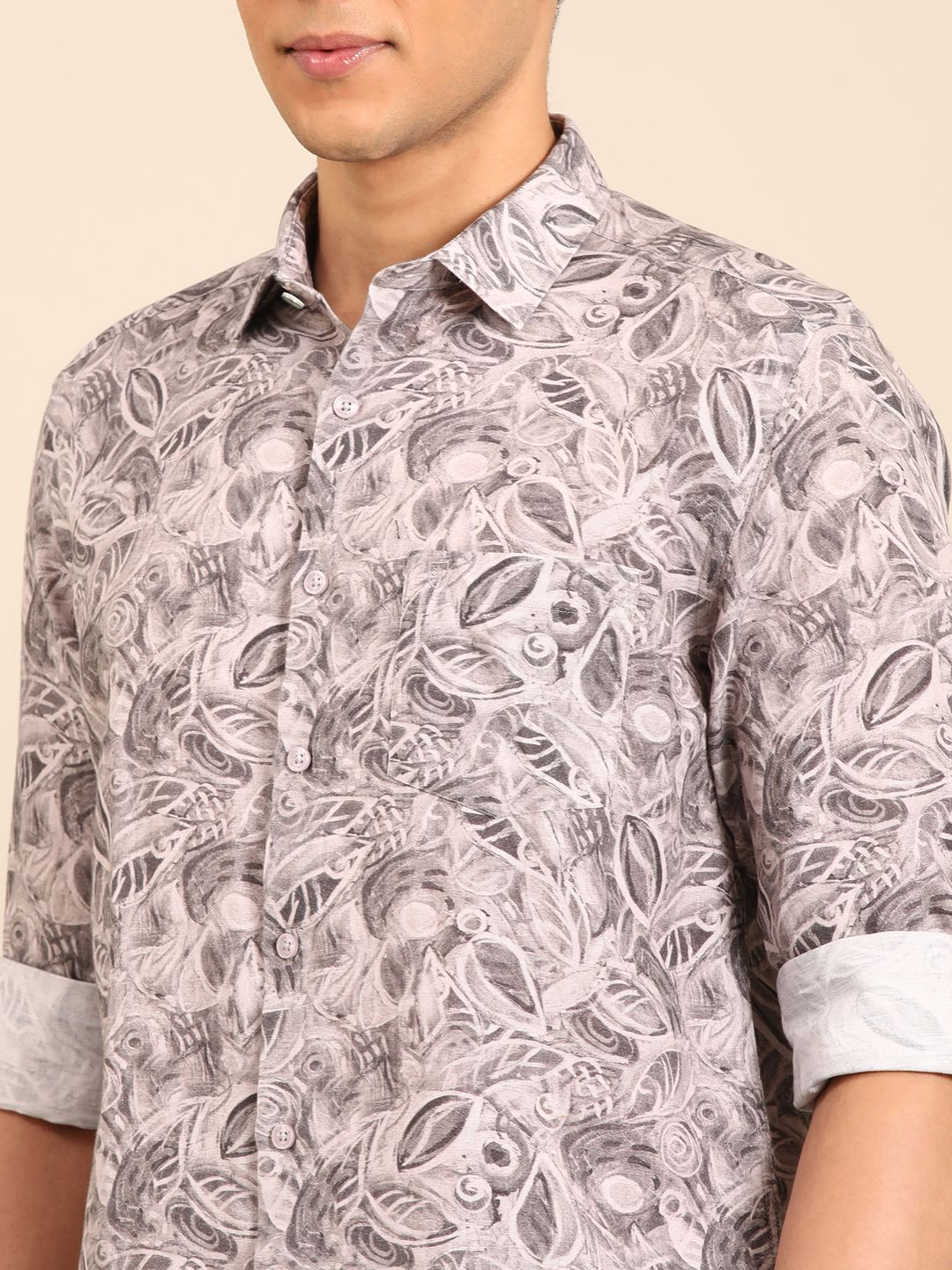 Linen Club Men's Linen Rich Grey Printed Contemporary Fit Full Sleeve Casual Shirt