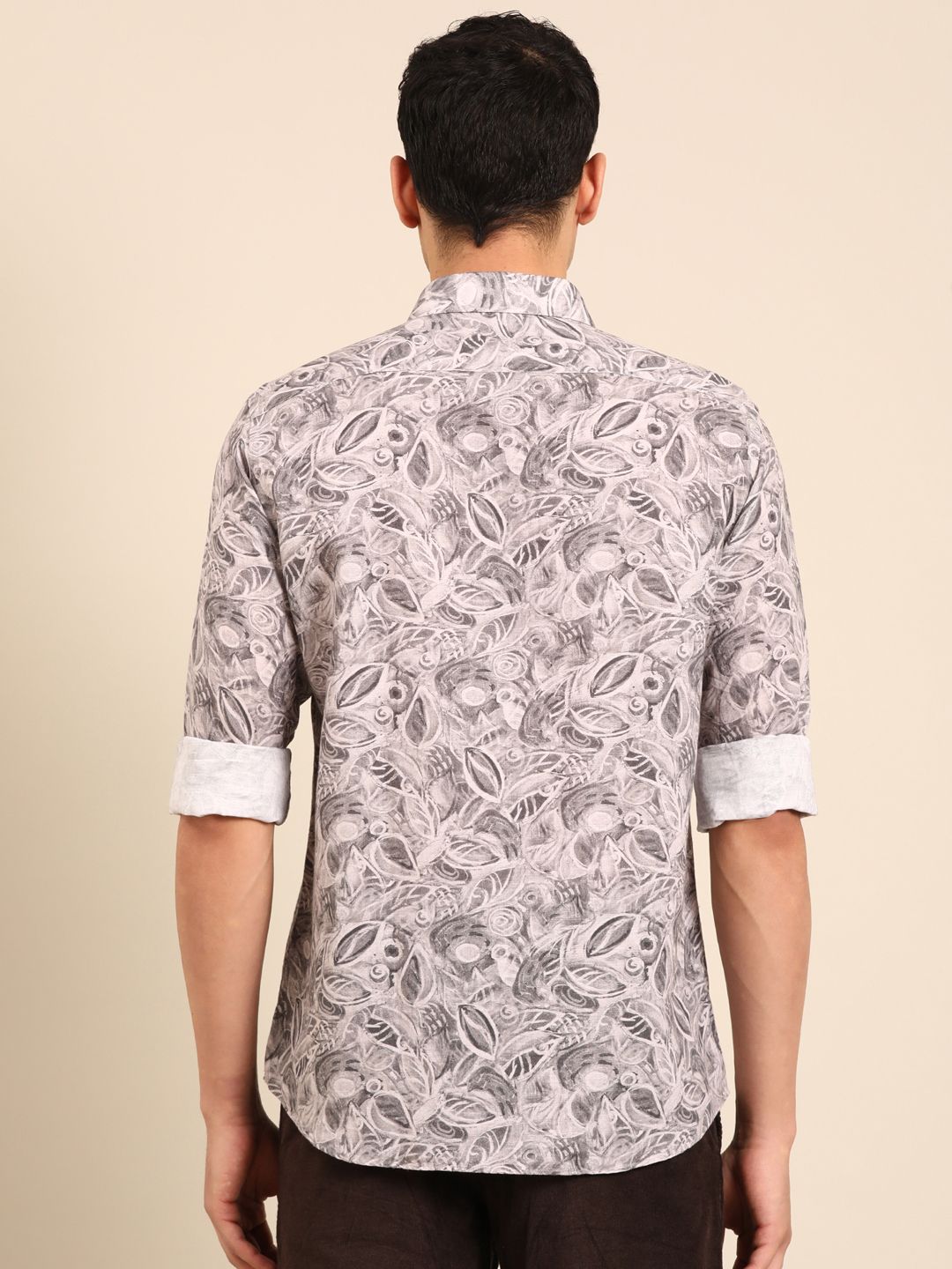 Linen Club Men's Linen Rich Grey Printed Contemporary Fit Full Sleeve Casual Shirt