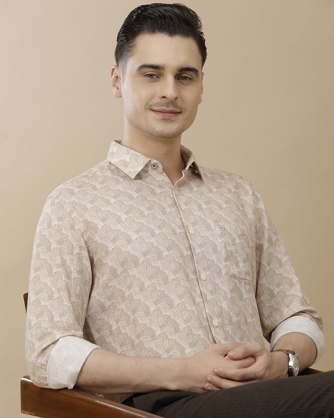 Men's Linen Rich Beige Printed Contemporary Fit Full Sleeve Casual Shirt