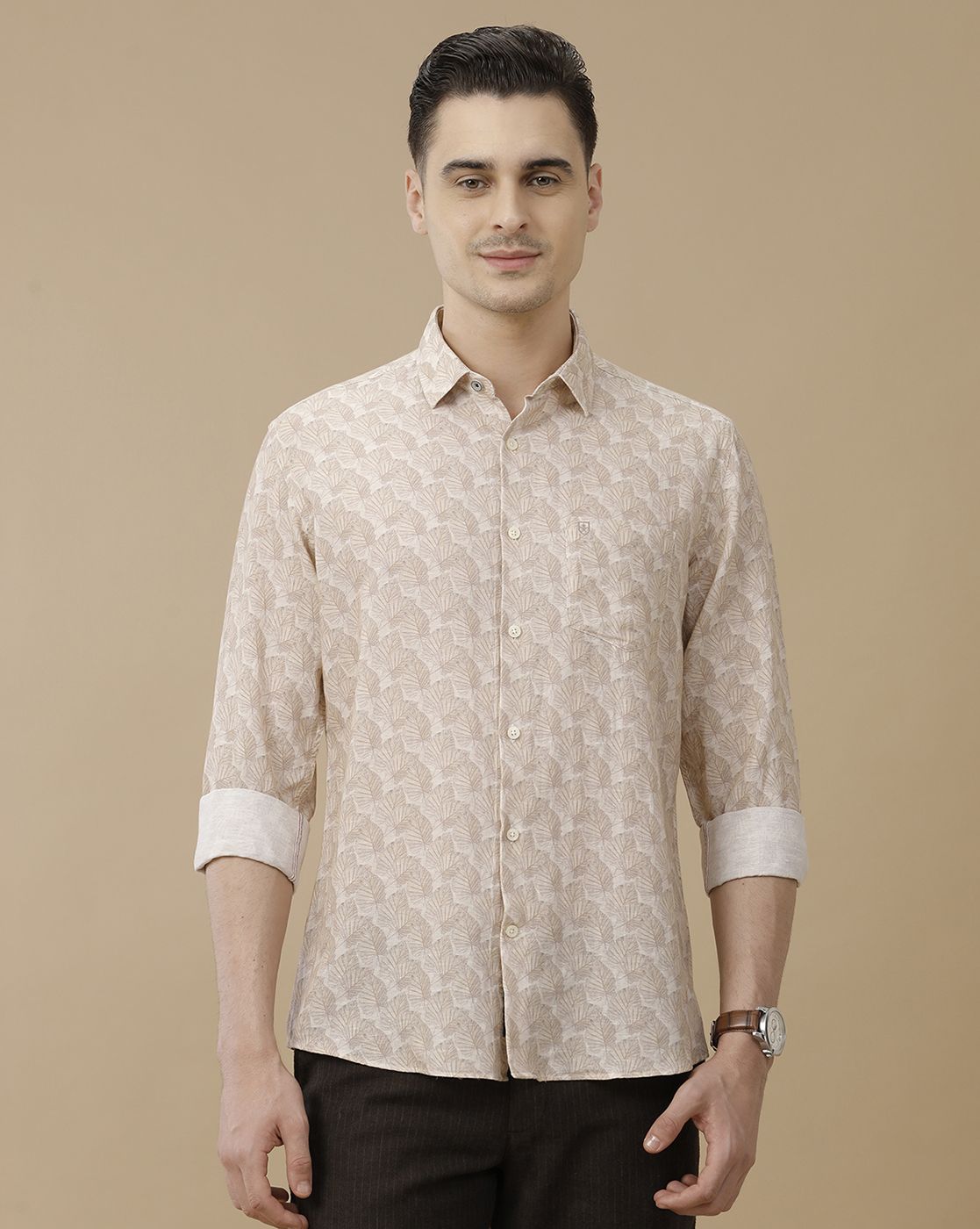 Men's Linen Rich Beige Printed Contemporary Fit Full Sleeve Casual Shirt