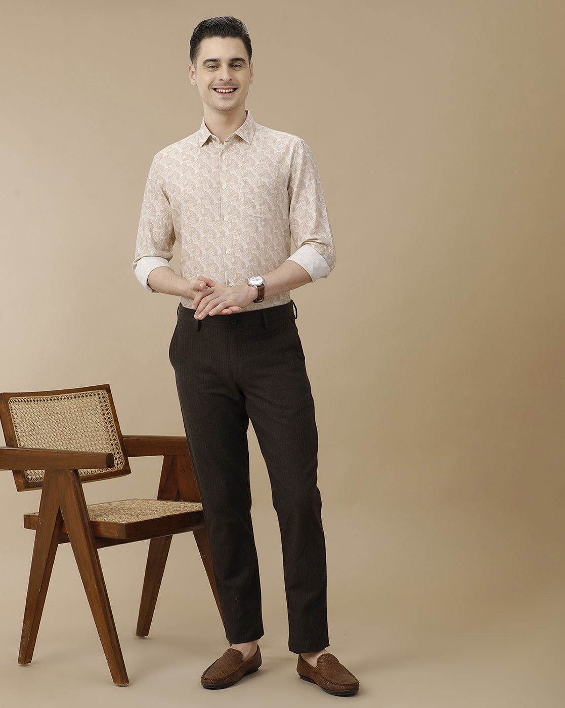 Men's Linen Rich Beige Printed Contemporary Fit Full Sleeve Casual Shirt
