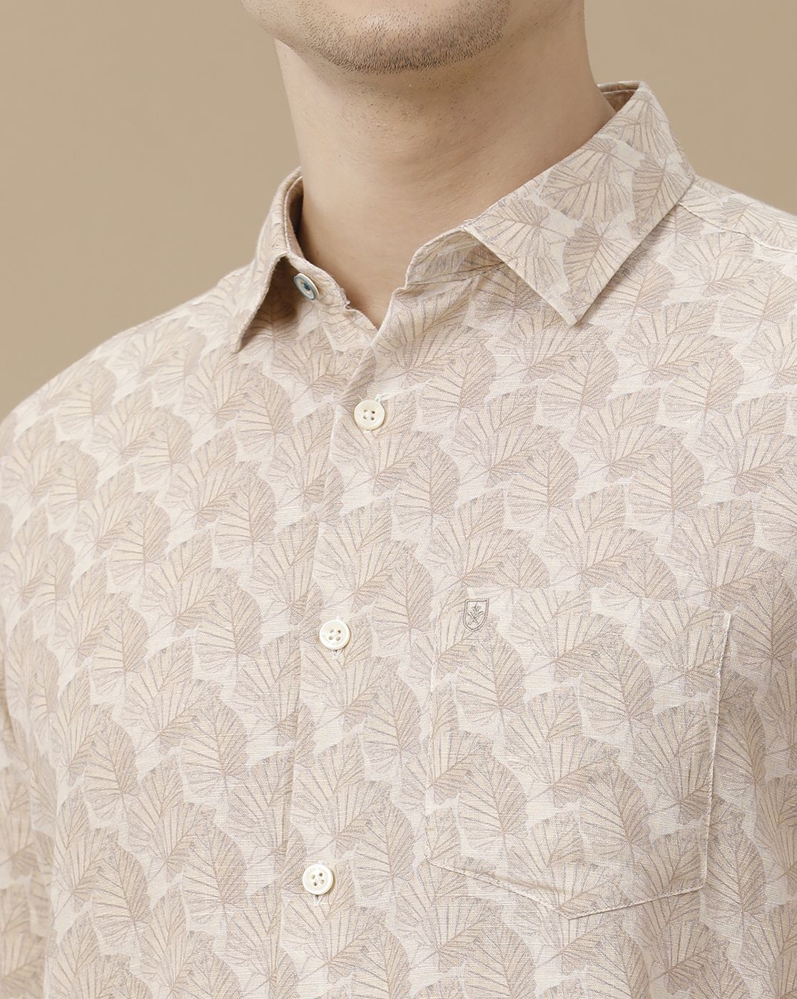 Men's Linen Rich Beige Printed Contemporary Fit Full Sleeve Casual Shirt