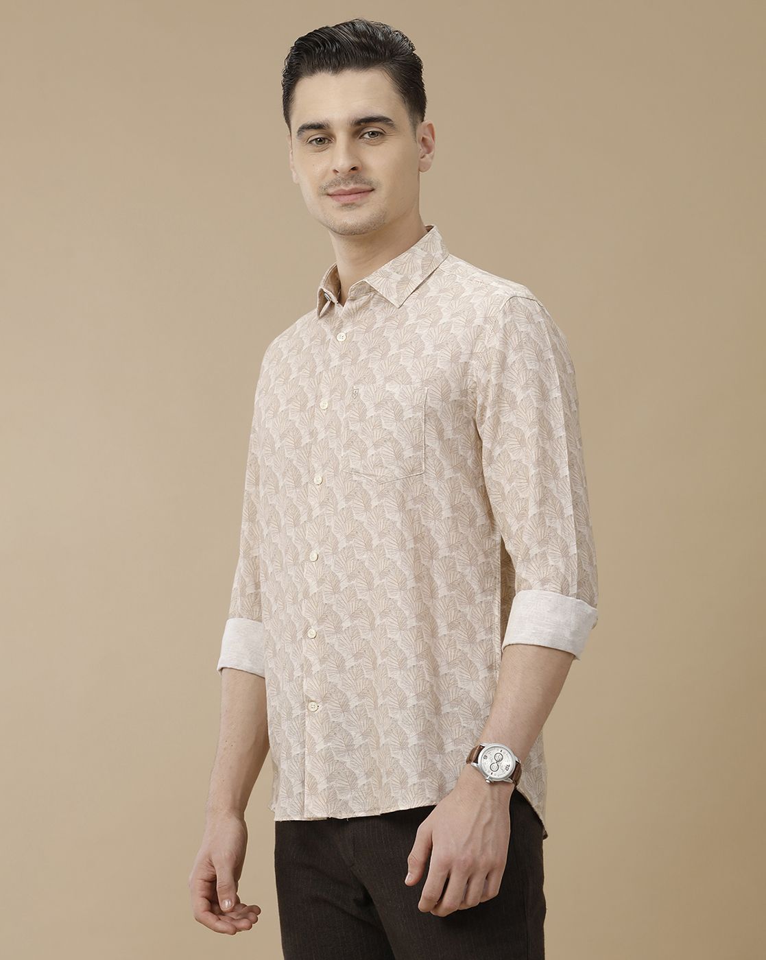 Men's Linen Rich Beige Printed Contemporary Fit Full Sleeve Casual Shirt