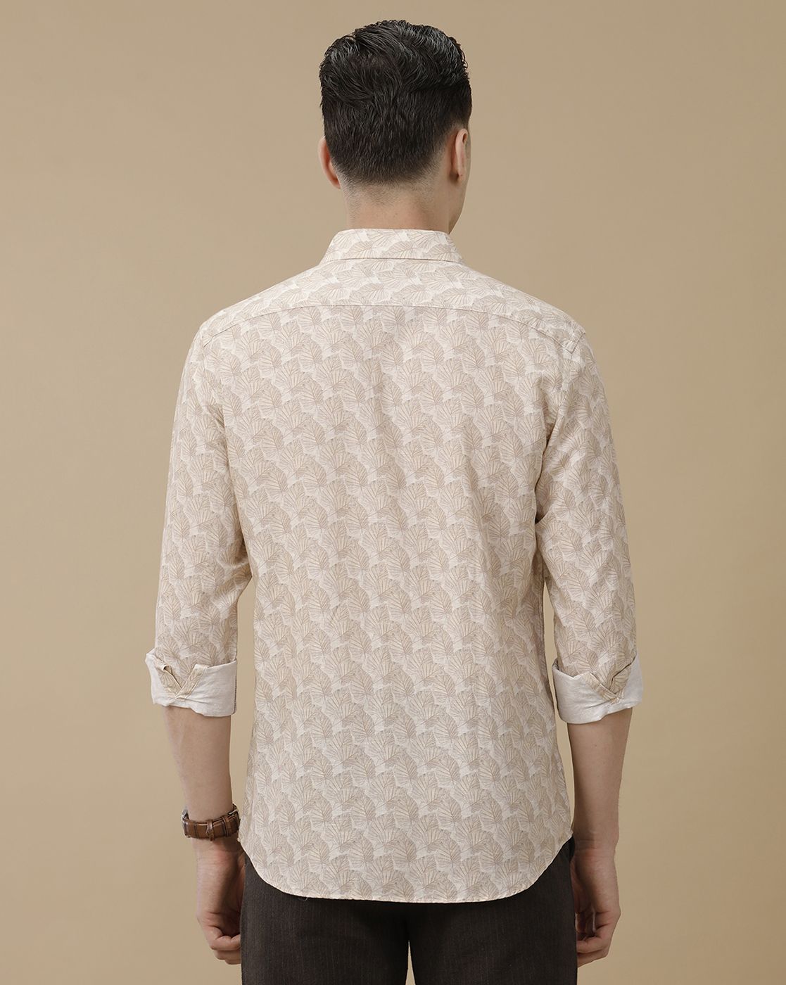 Men's Linen Rich Beige Printed Contemporary Fit Full Sleeve Casual Shirt