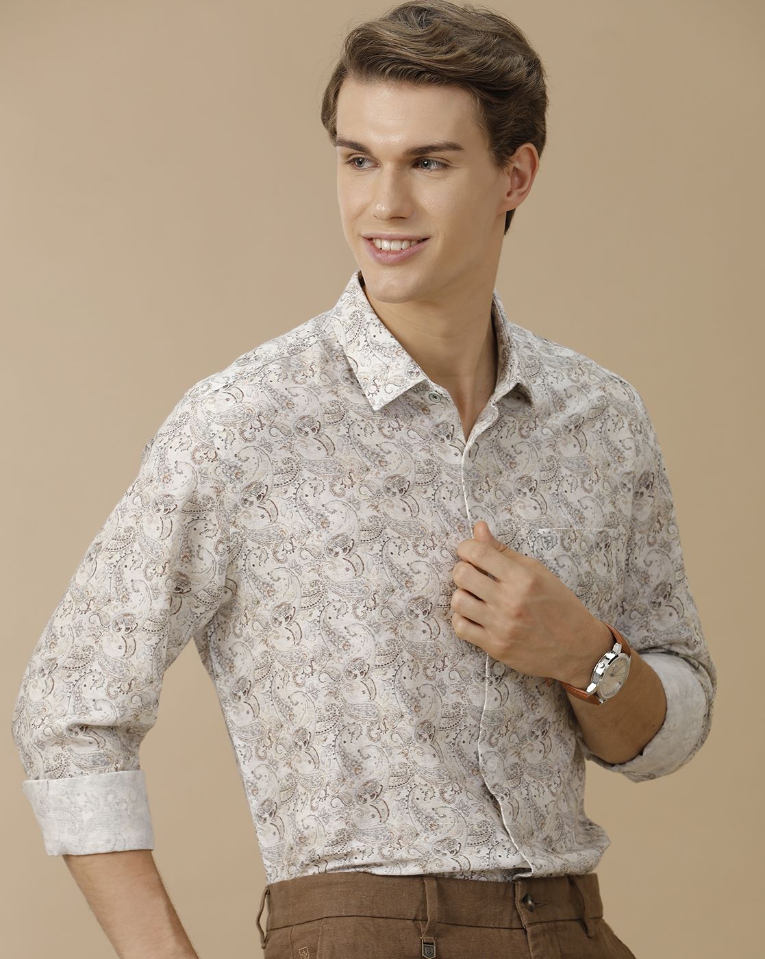 Men's Linen Rich White Printed Contemporary Fit Full Sleeve Casual Shirt