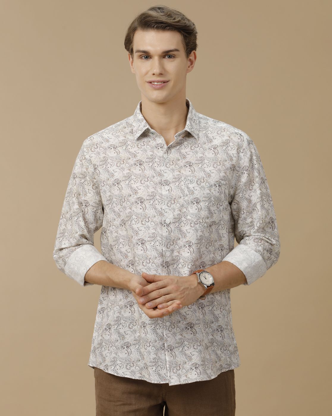Men's Linen Rich White Printed Contemporary Fit Full Sleeve Casual Shirt