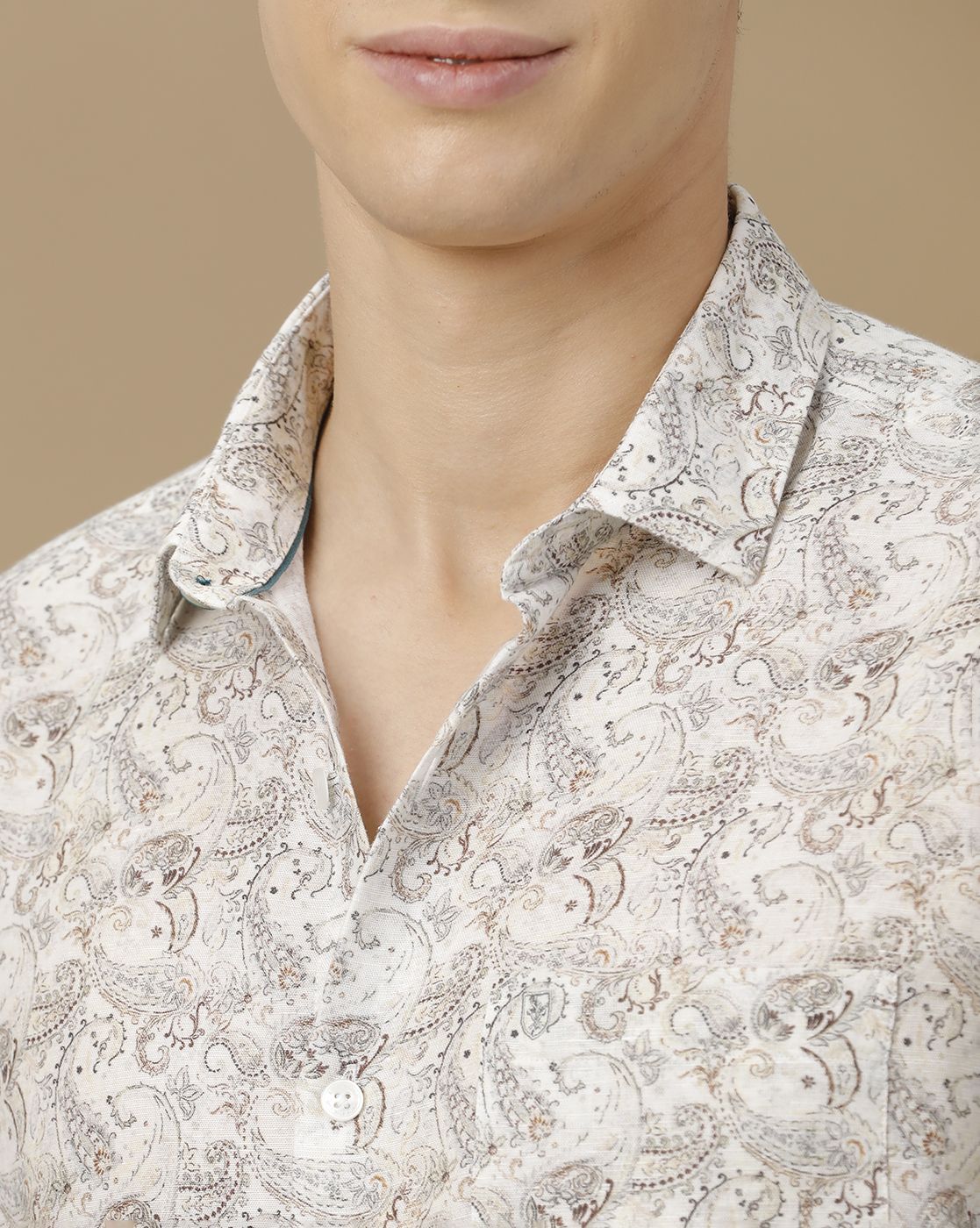 Men's Linen Rich White Printed Contemporary Fit Full Sleeve Casual Shirt