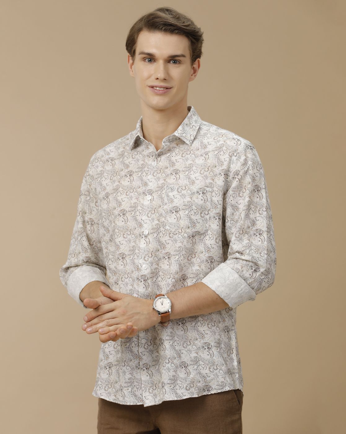 Men's Linen Rich White Printed Contemporary Fit Full Sleeve Casual Shirt