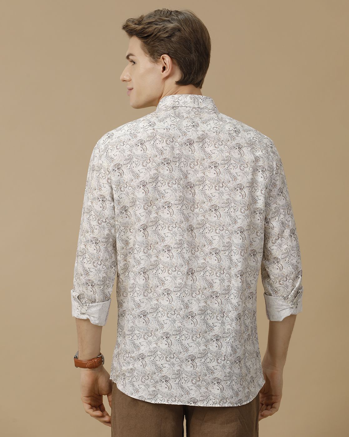 Men's Linen Rich White Printed Contemporary Fit Full Sleeve Casual Shirt
