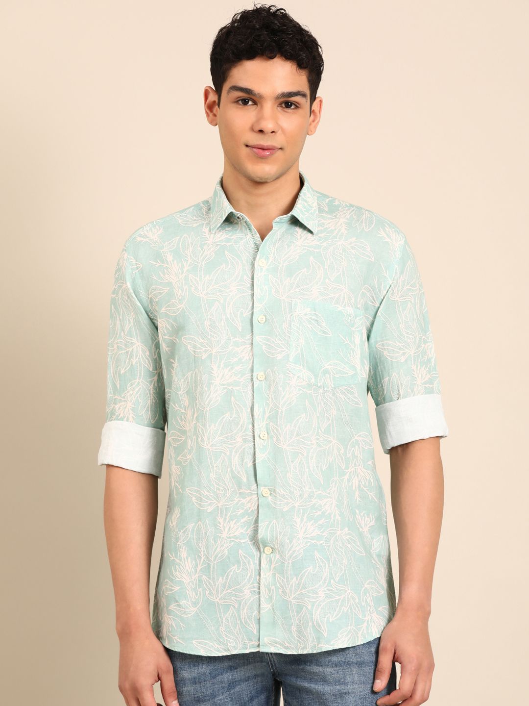 Linen Club Men's Linen Rich Light Green Printed Contemporary Fit Full Sleeve Casual Shirt