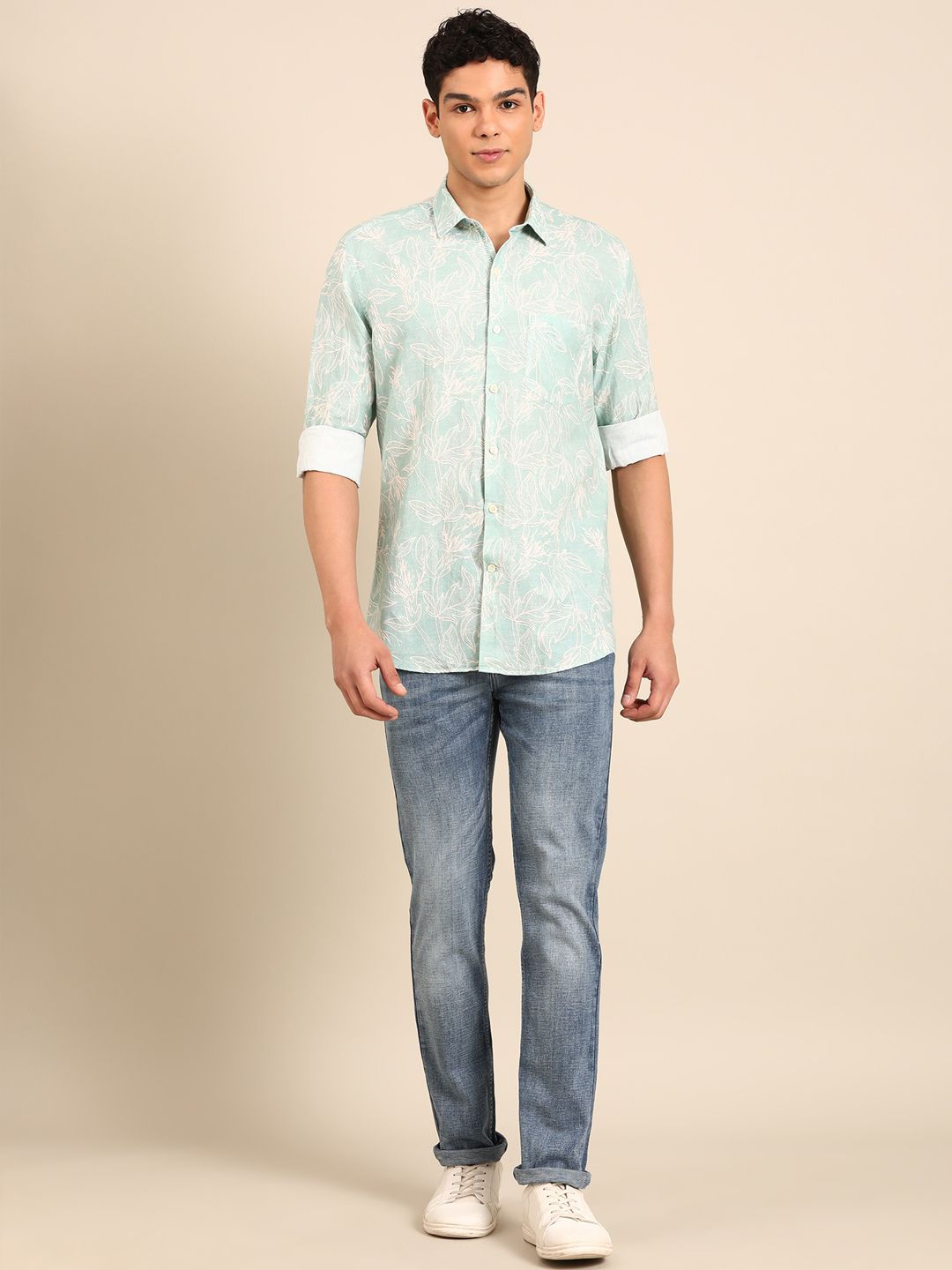 Linen Club Men's Linen Rich Light Green Printed Contemporary Fit Full Sleeve Casual Shirt