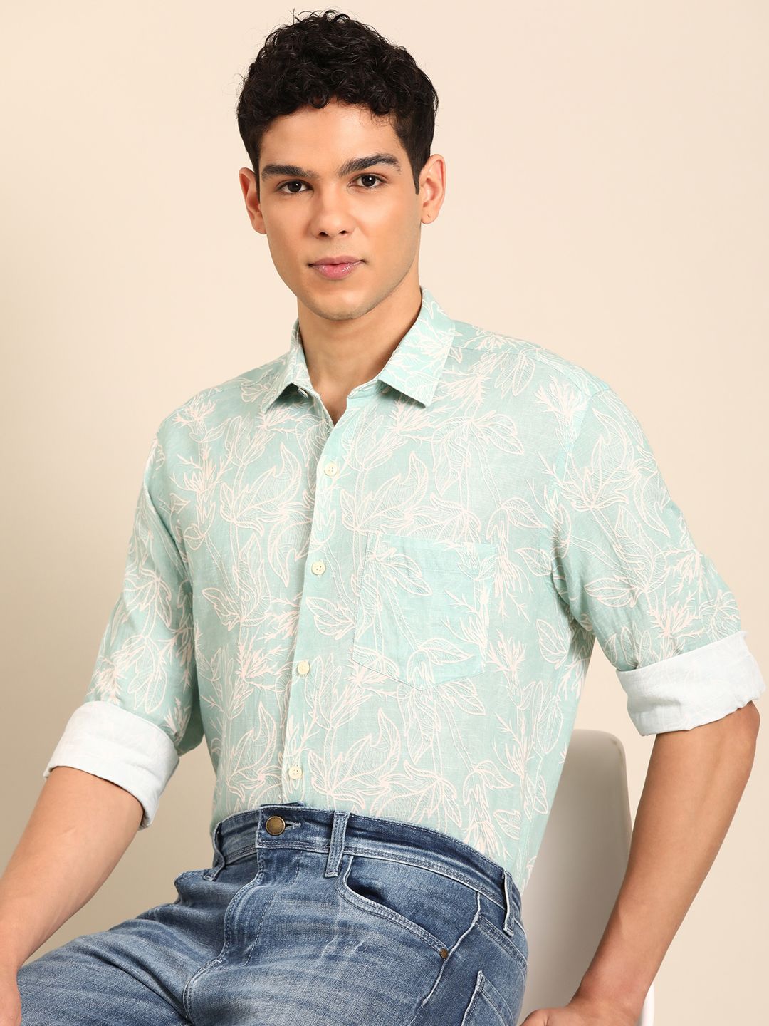 Linen Club Men's Linen Rich Light Green Printed Contemporary Fit Full Sleeve Casual Shirt
