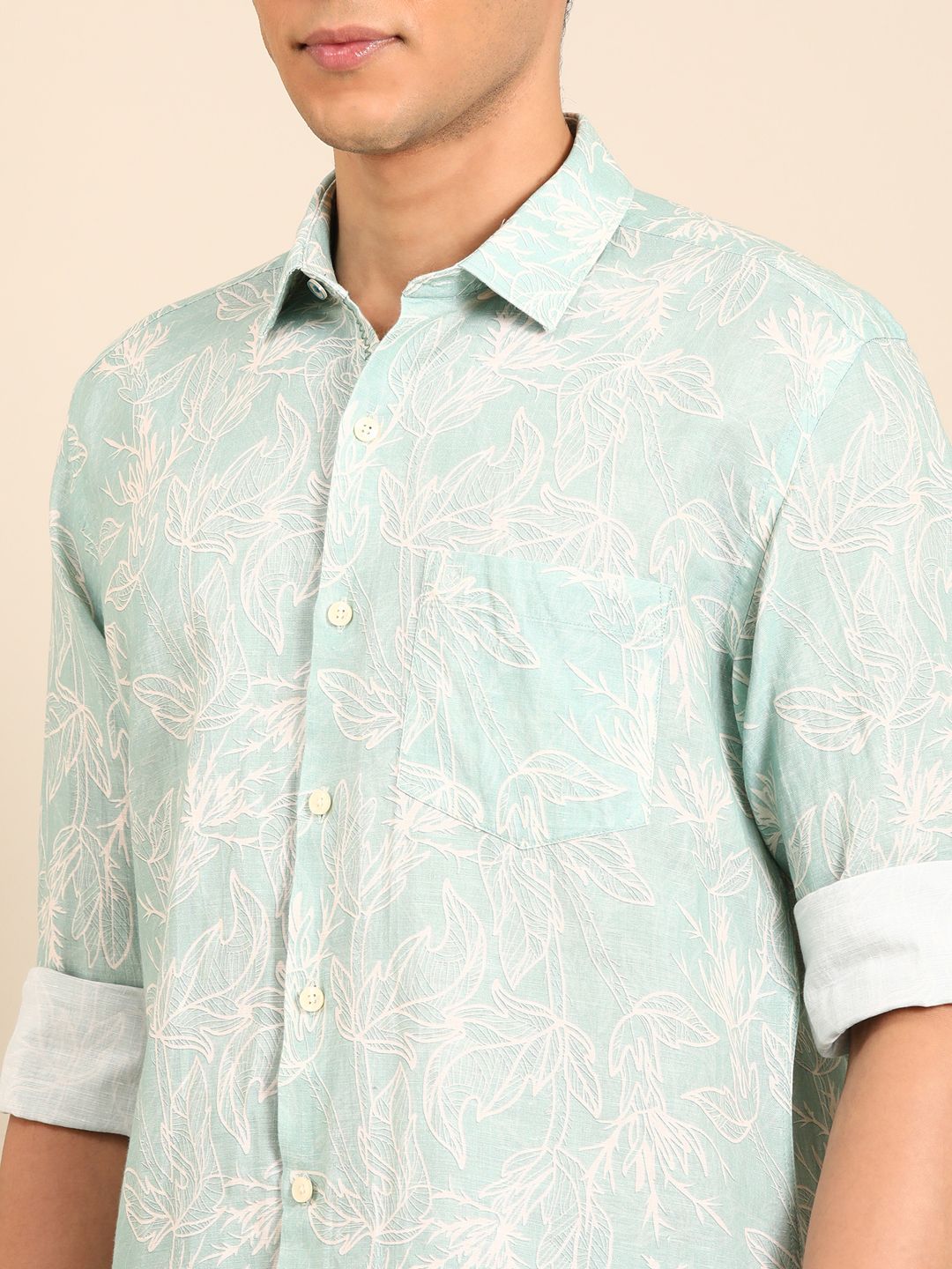 Linen Club Men's Linen Rich Light Green Printed Contemporary Fit Full Sleeve Casual Shirt