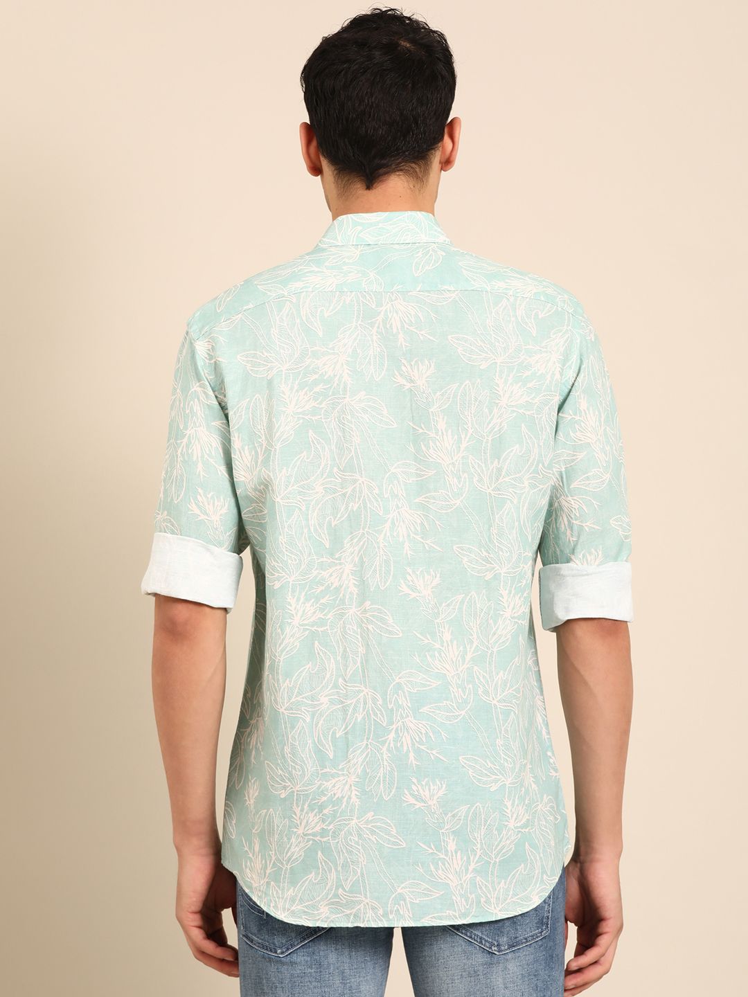 Linen Club Men's Linen Rich Light Green Printed Contemporary Fit Full Sleeve Casual Shirt