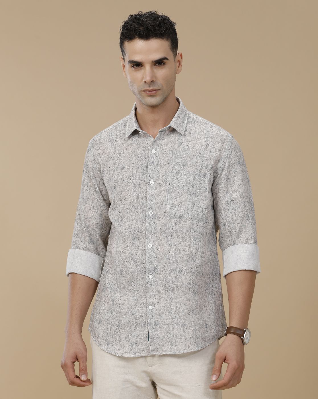 Linen Club Men's Linen Rich White Printed Contemporary Fit Full Sleeve Casual Shirt