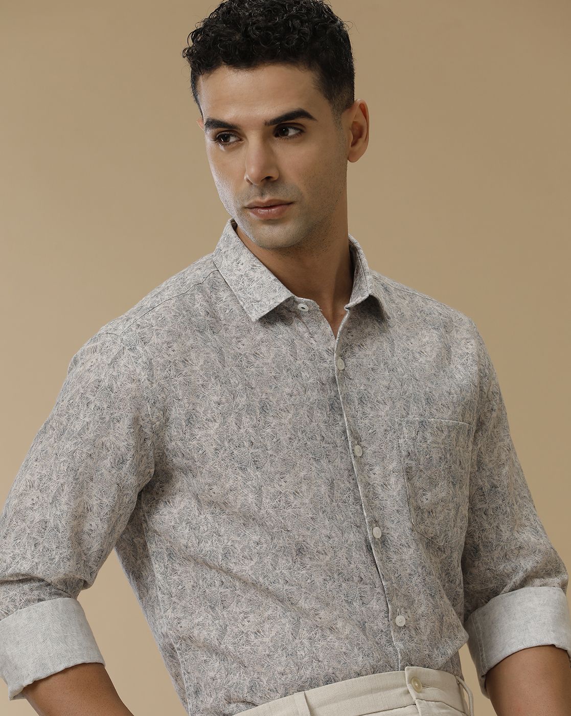 Linen Club Men's Linen Rich White Printed Contemporary Fit Full Sleeve Casual Shirt