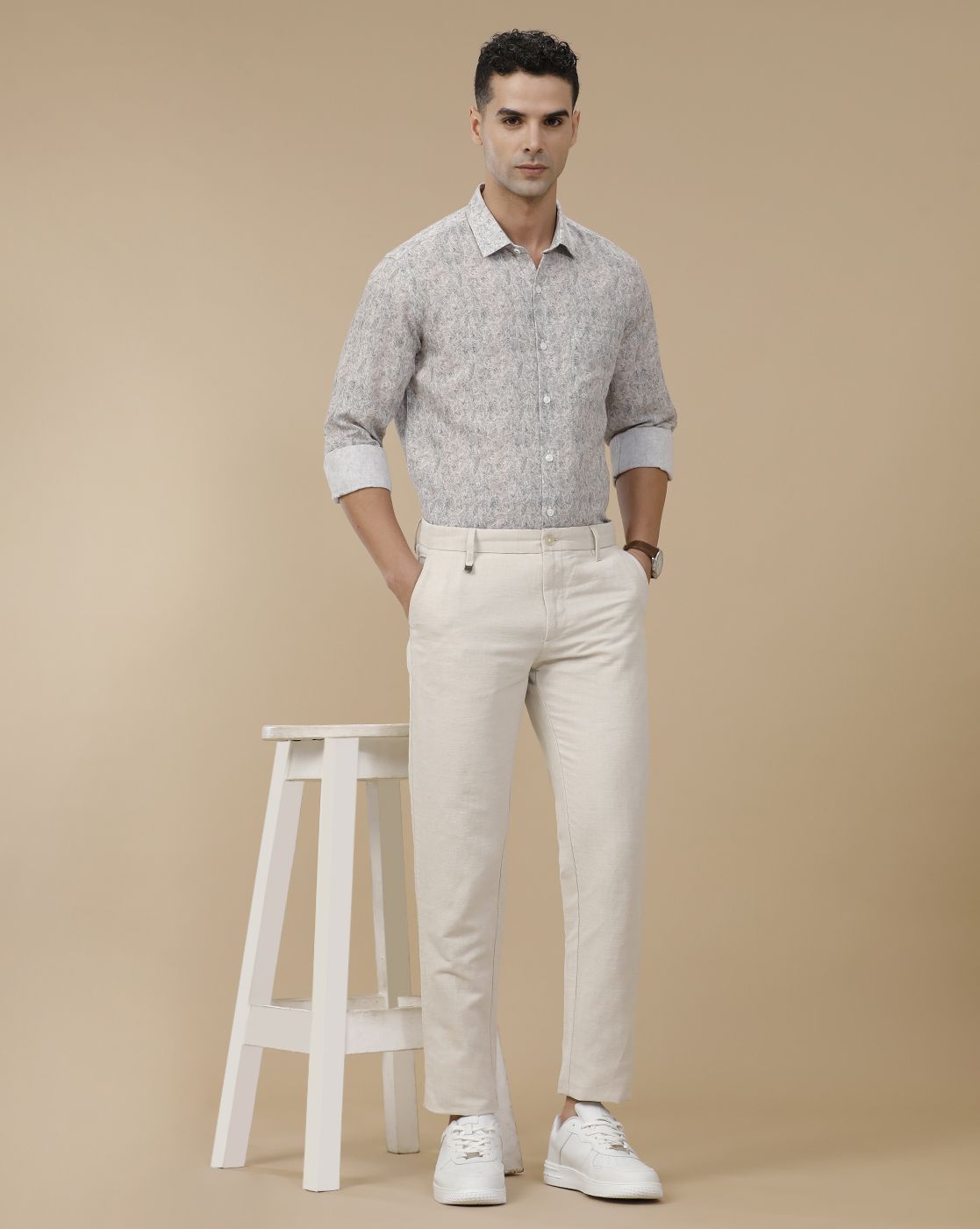 Linen Club Men's Linen Rich White Printed Contemporary Fit Full Sleeve Casual Shirt