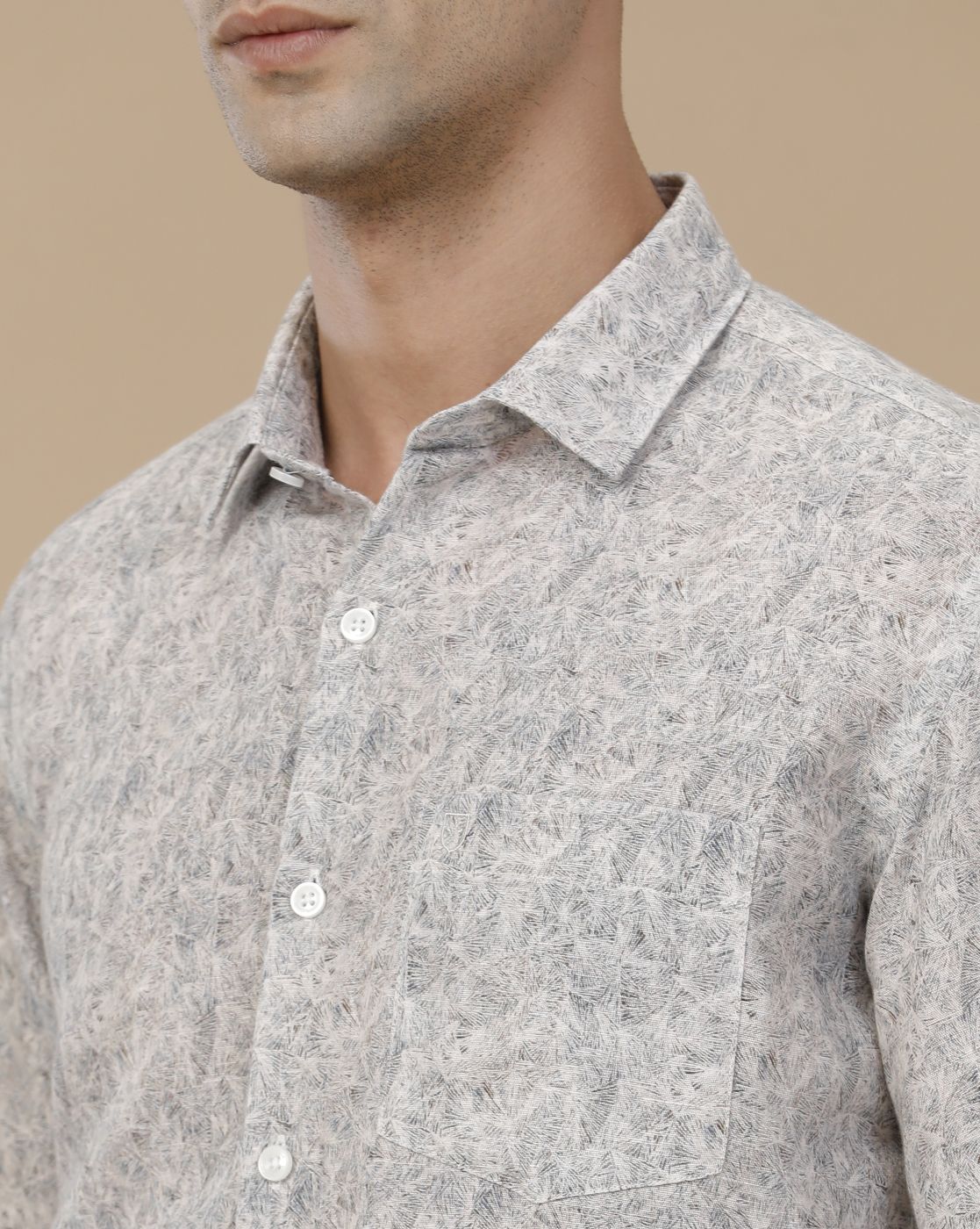 Linen Club Men's Linen Rich White Printed Contemporary Fit Full Sleeve Casual Shirt