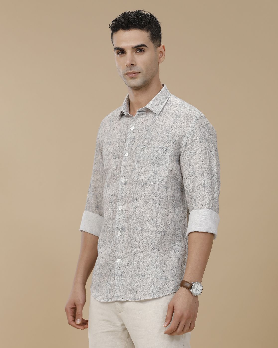 Linen Club Men's Linen Rich White Printed Contemporary Fit Full Sleeve Casual Shirt
