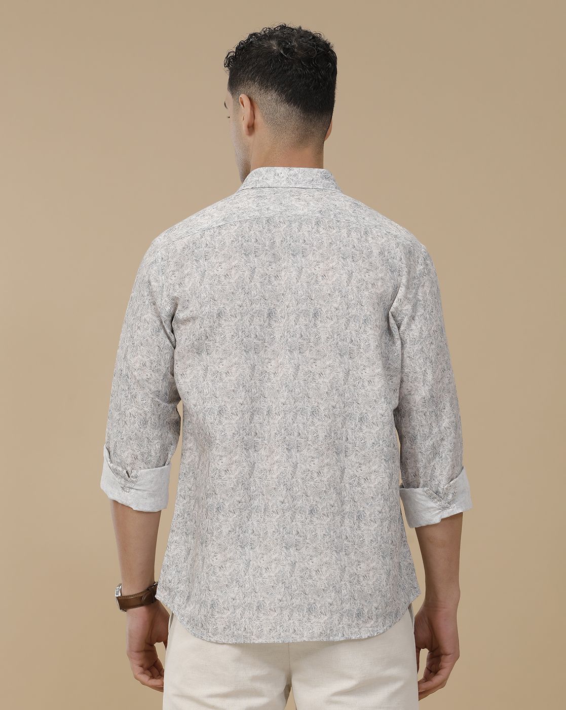 Linen Club Men's Linen Rich White Printed Contemporary Fit Full Sleeve Casual Shirt
