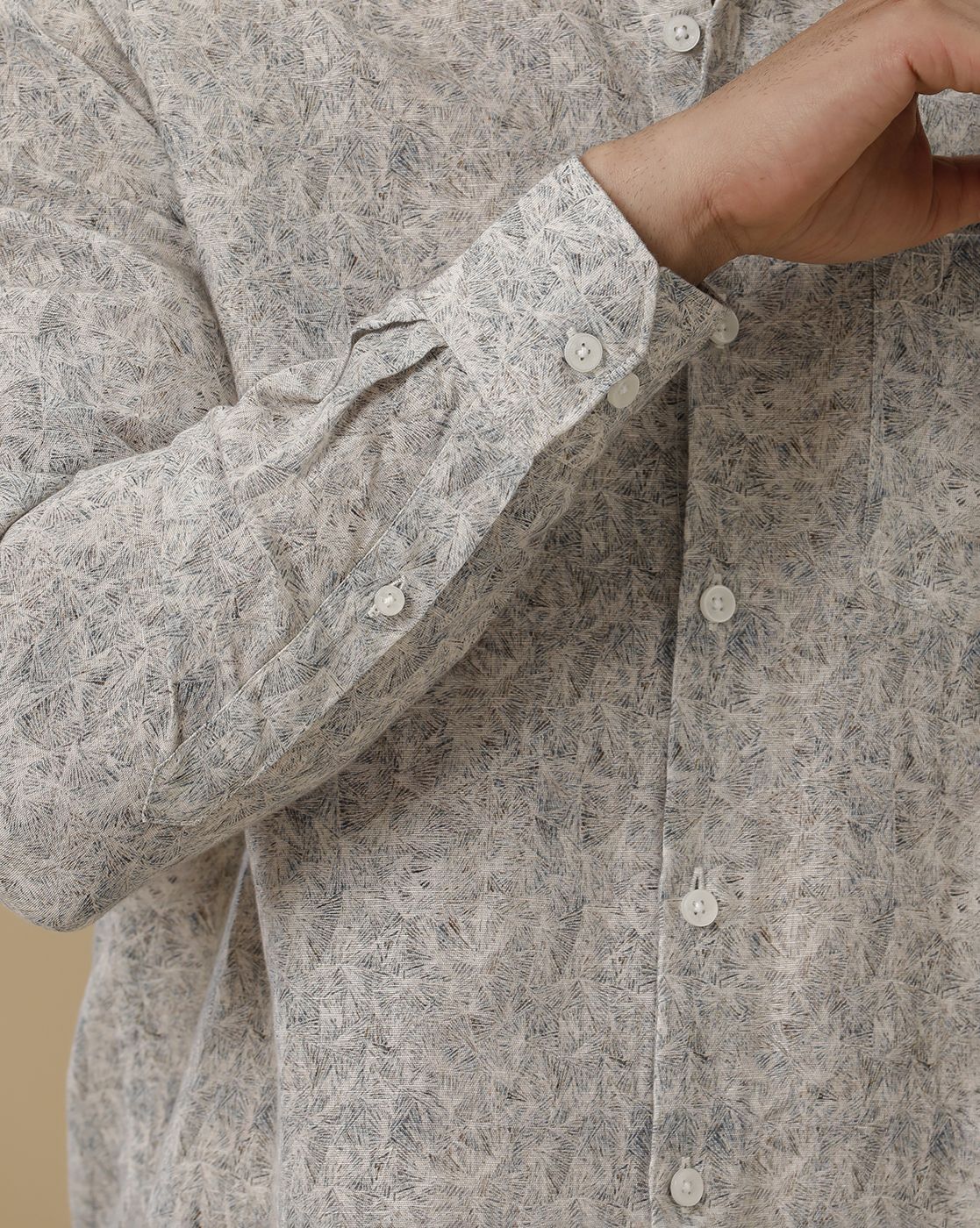 Linen Club Men's Linen Rich White Printed Contemporary Fit Full Sleeve Casual Shirt