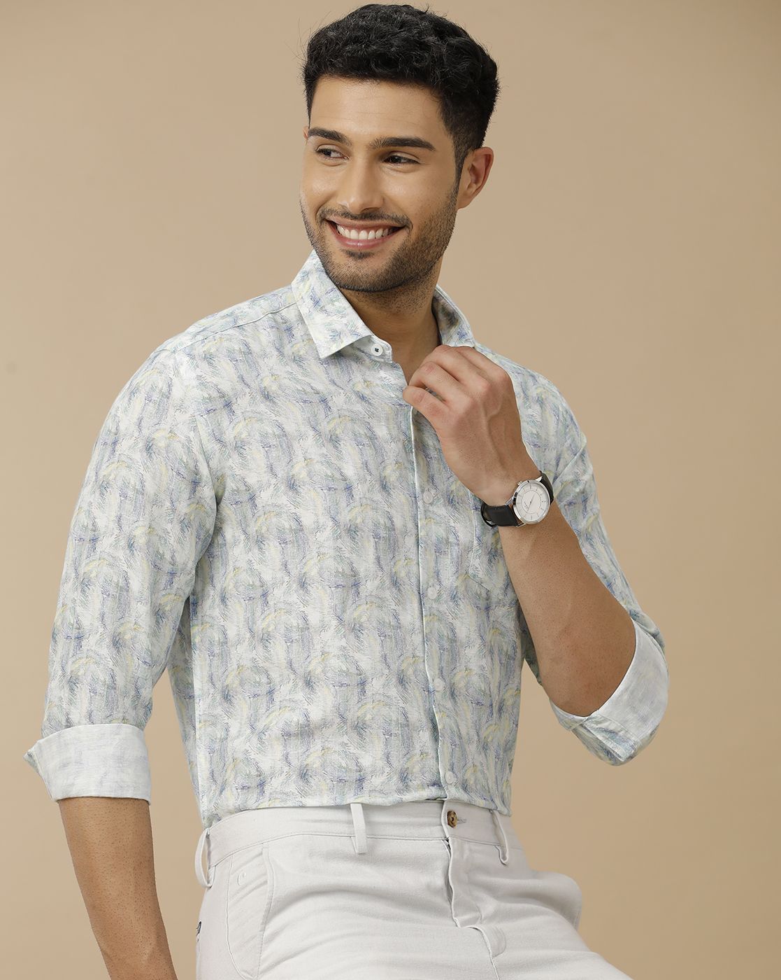 Men's Linen Rich Blue Printed Contemporary Fit Full Sleeve Casual Shirt