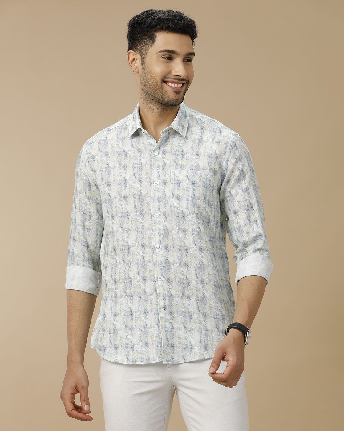 Men's Linen Rich Blue Printed Contemporary Fit Full Sleeve Casual Shirt