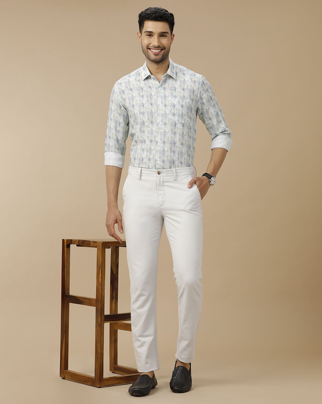 Men's Linen Rich Blue Printed Contemporary Fit Full Sleeve Casual Shirt