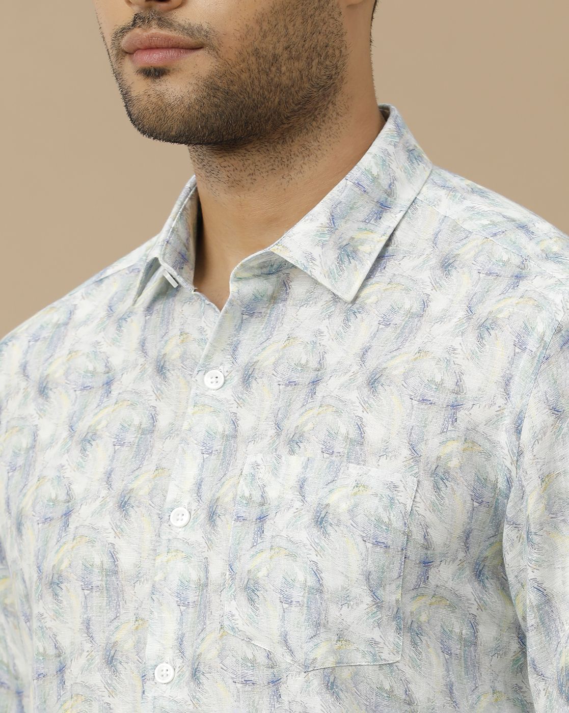 Men's Linen Rich Blue Printed Contemporary Fit Full Sleeve Casual Shirt