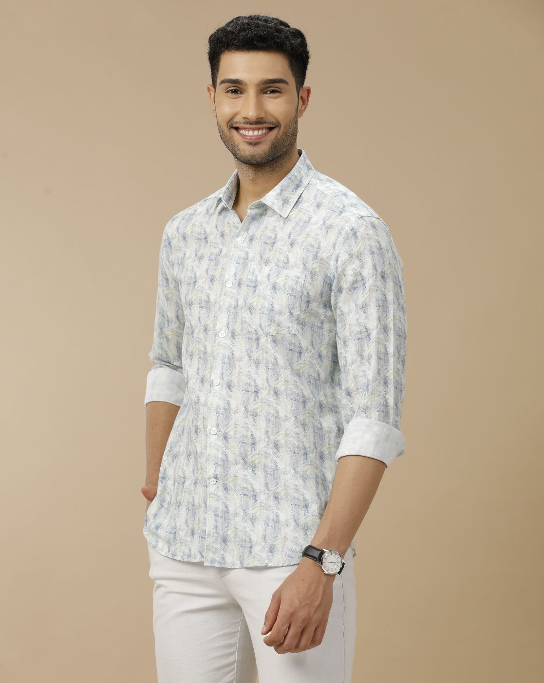 Men's Linen Rich Blue Printed Contemporary Fit Full Sleeve Casual Shirt