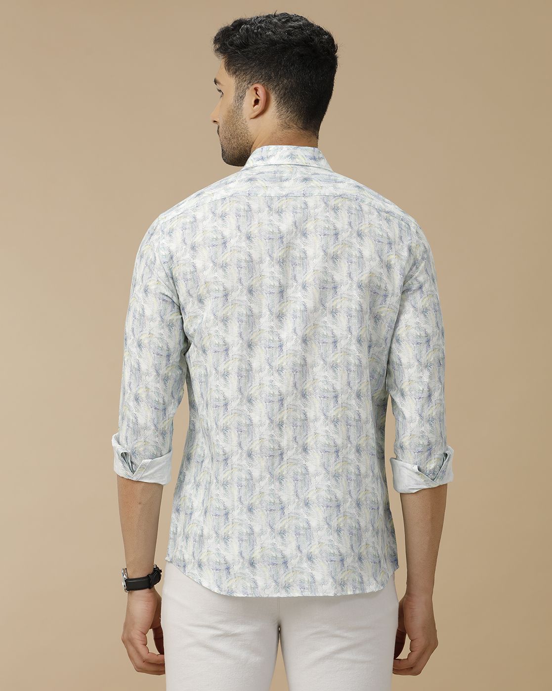 Men's Linen Rich Blue Printed Contemporary Fit Full Sleeve Casual Shirt