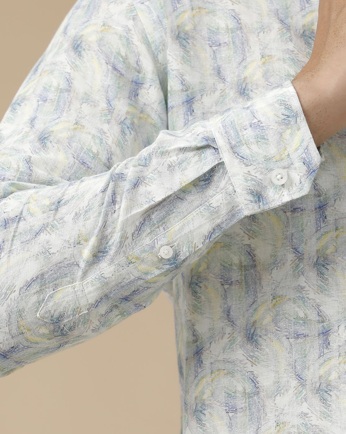 Men's Linen Rich Blue Printed Contemporary Fit Full Sleeve Casual Shirt