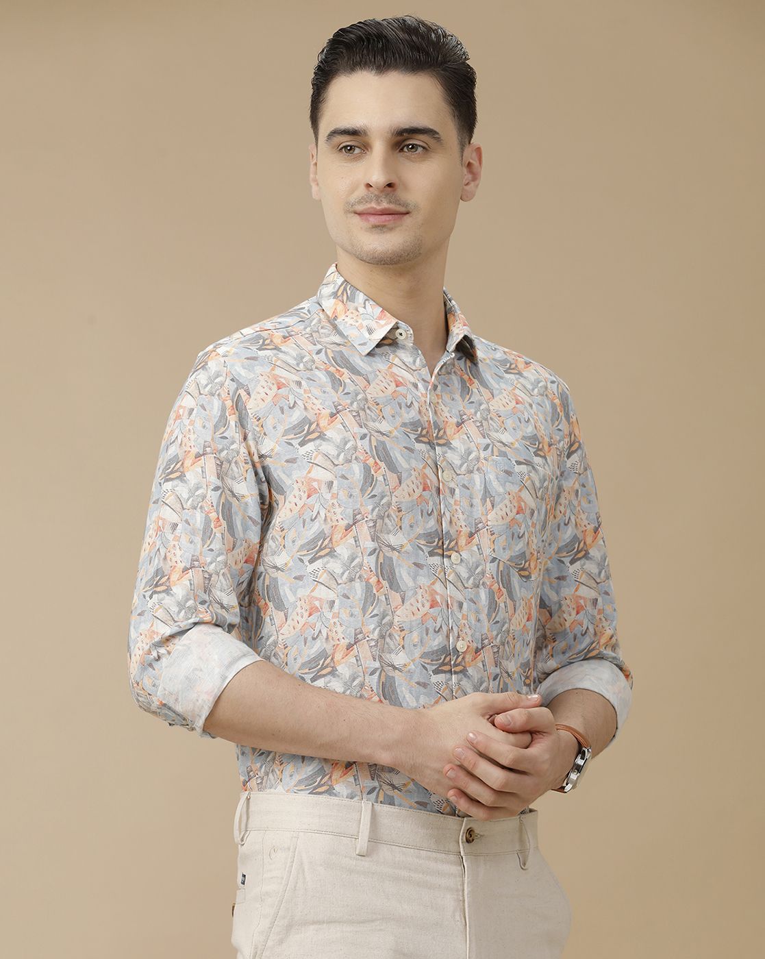 Men's Linen Rich Orange Printed Contemporary Fit Full Sleeve Casual Shirt