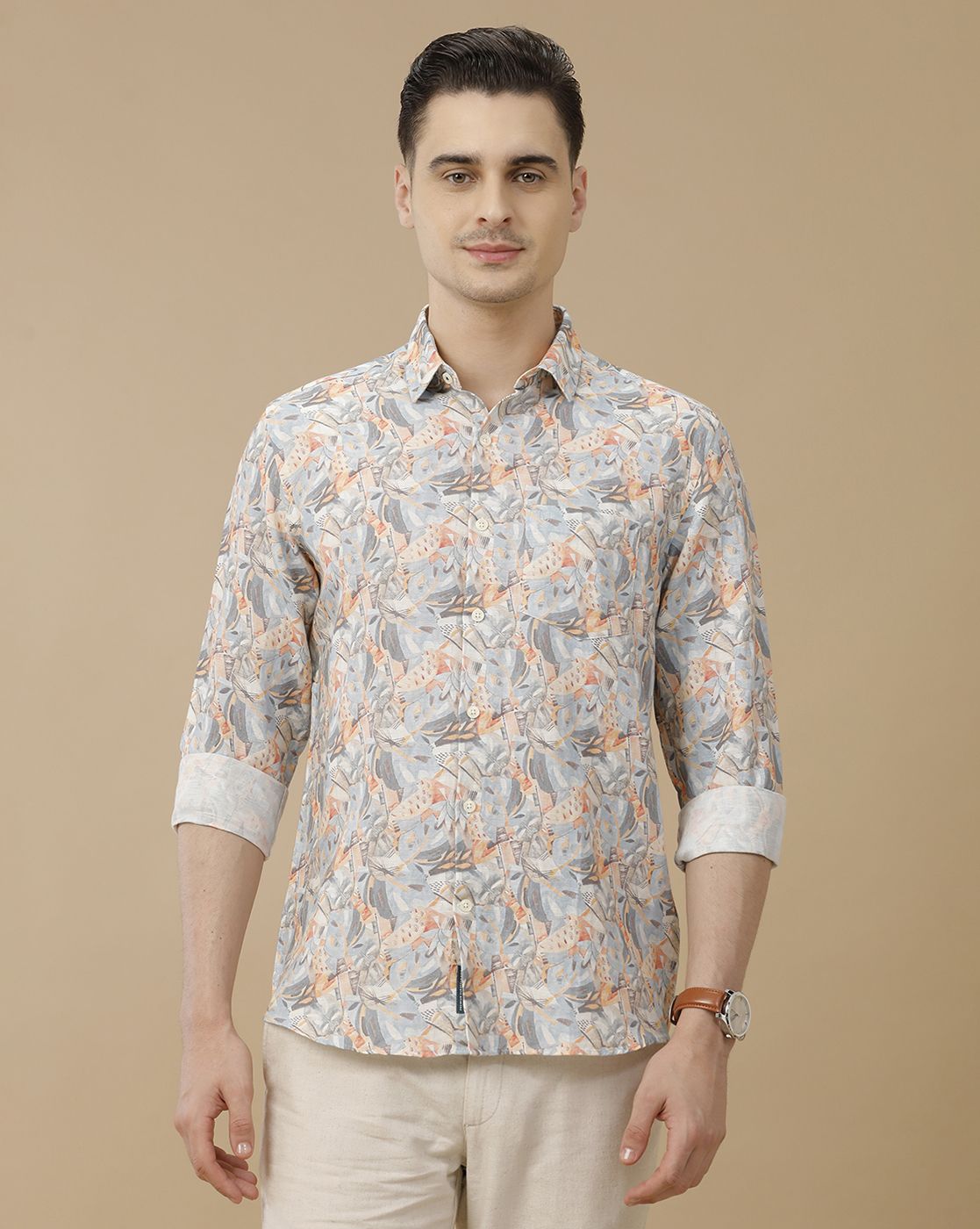 Men's Linen Rich Orange Printed Contemporary Fit Full Sleeve Casual Shirt