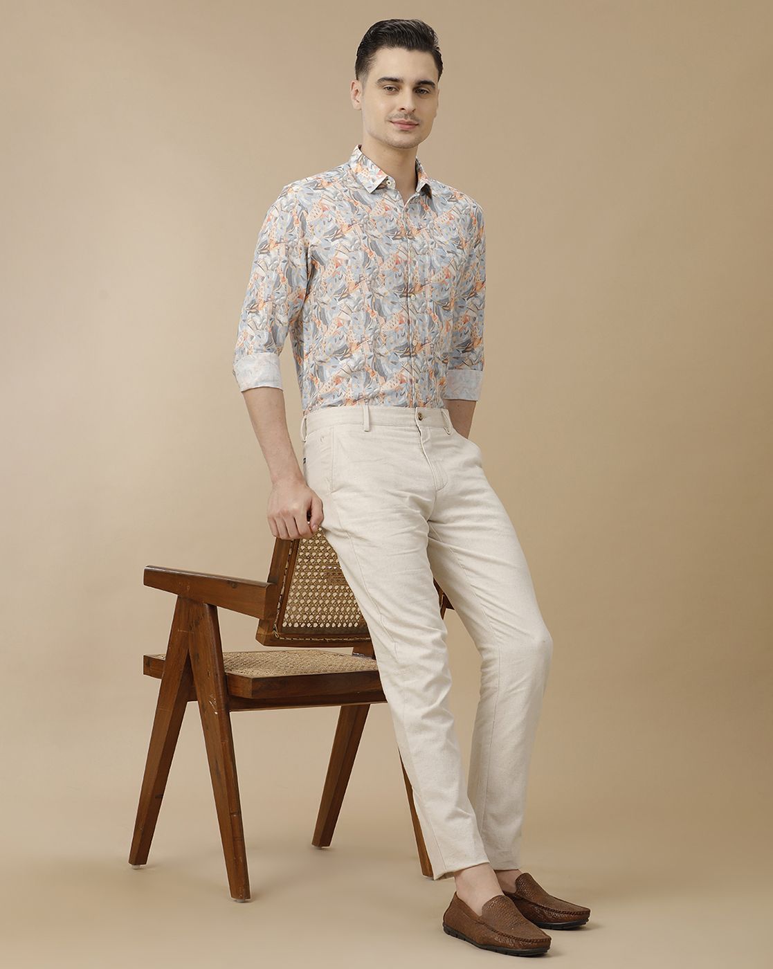 Men's Linen Rich Orange Printed Contemporary Fit Full Sleeve Casual Shirt