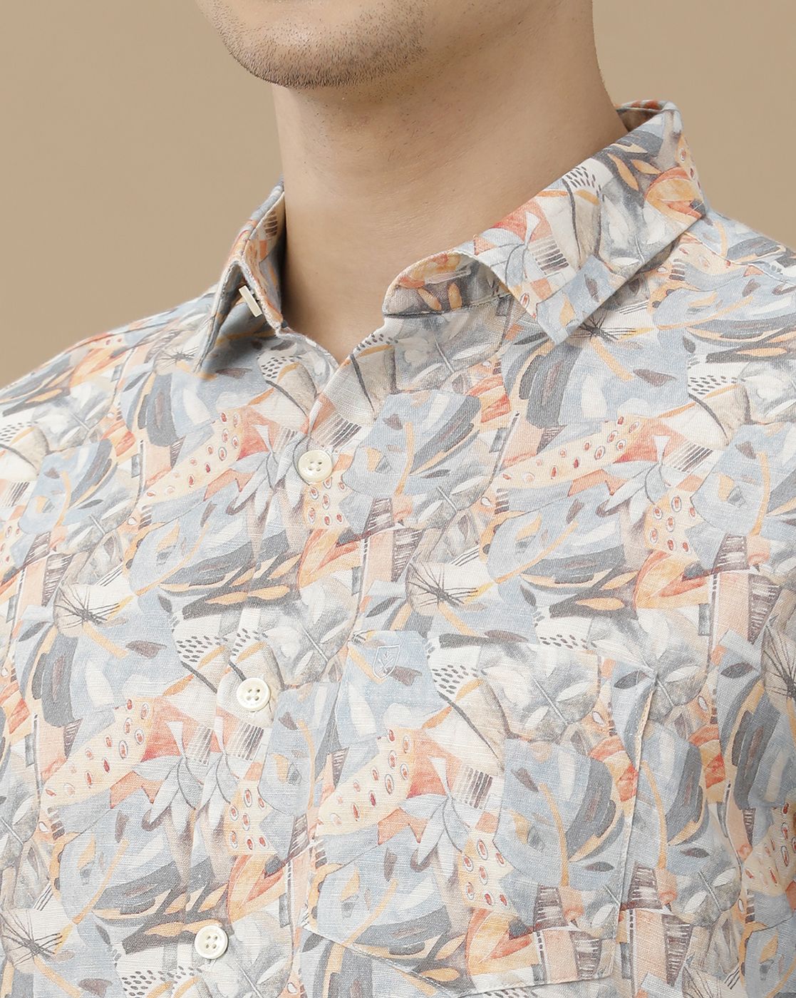 Men's Linen Rich Orange Printed Contemporary Fit Full Sleeve Casual Shirt