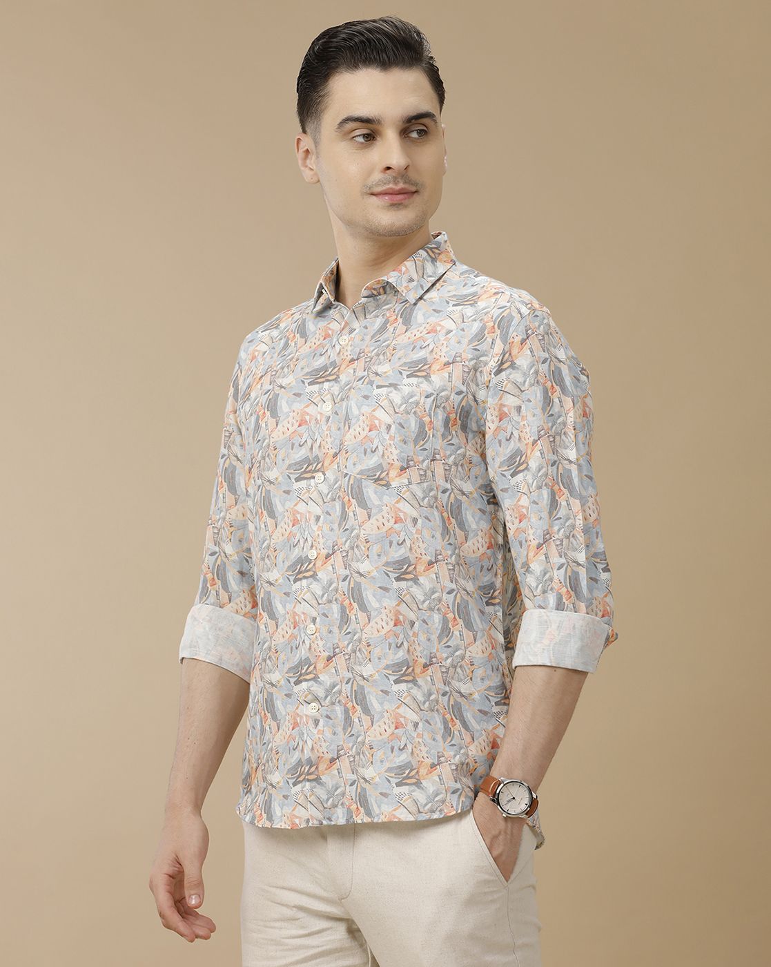 Men's Linen Rich Orange Printed Contemporary Fit Full Sleeve Casual Shirt