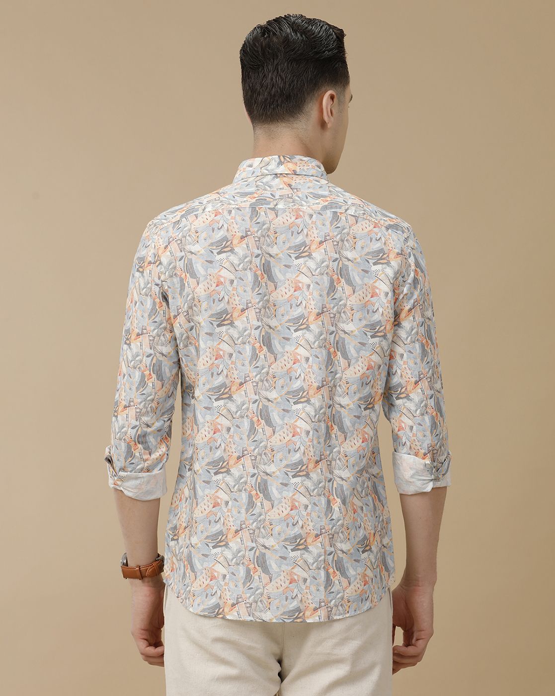 Men's Linen Rich Orange Printed Contemporary Fit Full Sleeve Casual Shirt