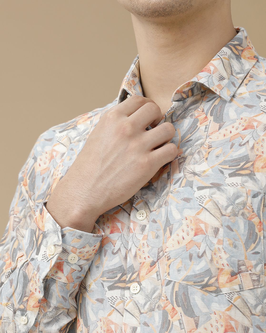 Men's Linen Rich Orange Printed Contemporary Fit Full Sleeve Casual Shirt
