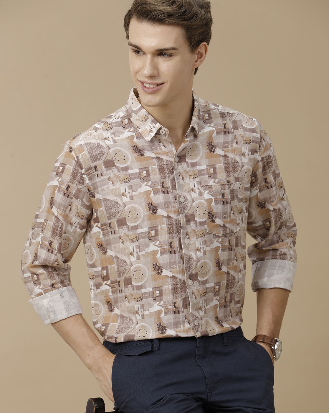 Men's Linen Rich Brown Printed Contemporary Fit Full Sleeve Casual Shirt