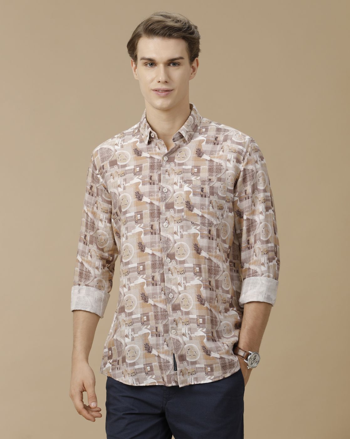 Men's Linen Rich Brown Printed Contemporary Fit Full Sleeve Casual Shirt