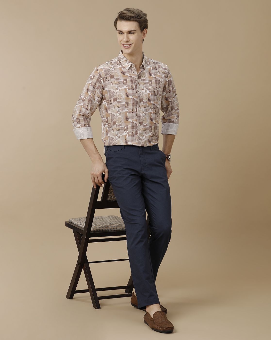 Men's Linen Rich Brown Printed Contemporary Fit Full Sleeve Casual Shirt