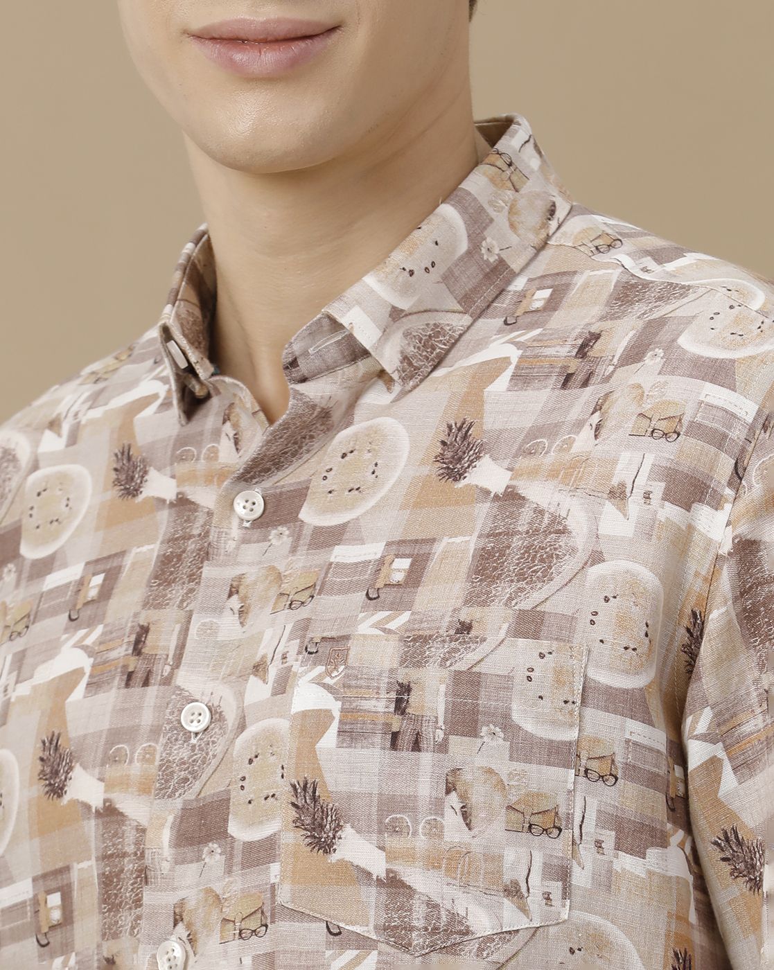 Men's Linen Rich Brown Printed Contemporary Fit Full Sleeve Casual Shirt