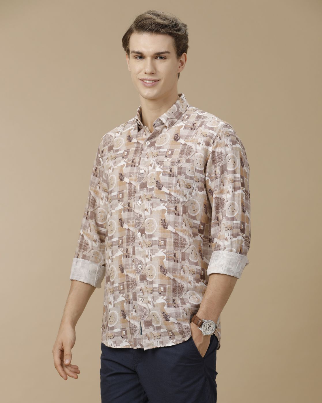 Men's Linen Rich Brown Printed Contemporary Fit Full Sleeve Casual Shirt