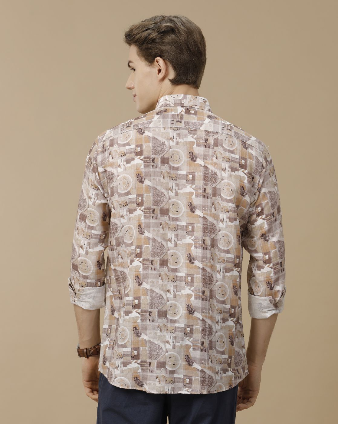 Men's Linen Rich Brown Printed Contemporary Fit Full Sleeve Casual Shirt