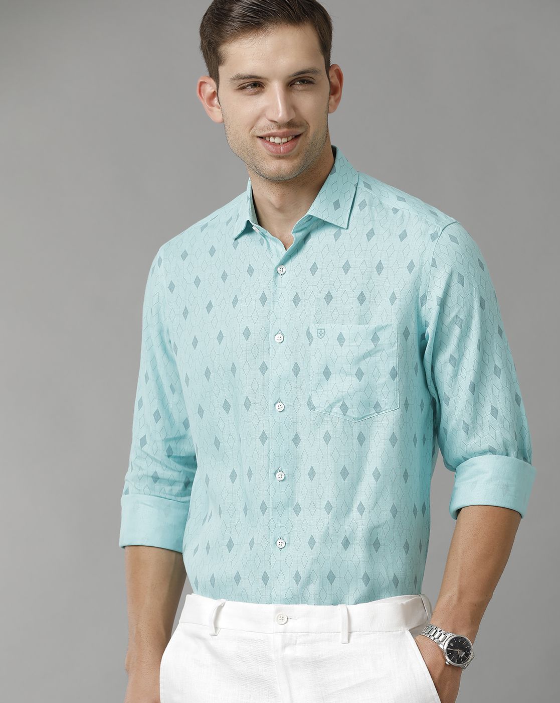 Men's Pure Linen Turquoise Blue Printed Contemporary Fit Full Sleeve Sleeve Casual Shirt