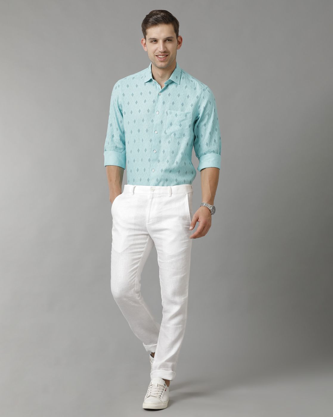 Men's Pure Linen Turquoise Blue Printed Contemporary Fit Full Sleeve Sleeve Casual Shirt