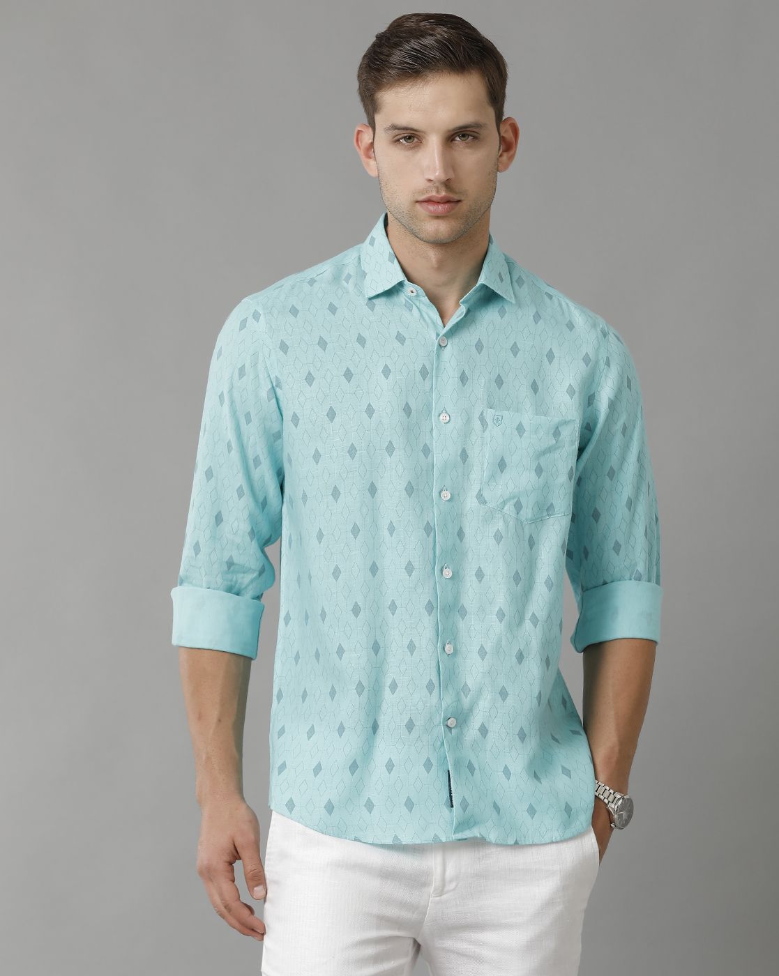 Men's Pure Linen Turquoise Blue Printed Contemporary Fit Full Sleeve Sleeve Casual Shirt
